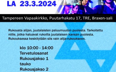 LA 23.3.2024 klo 10-14 ALIJA-rukoustapahtuma Tampereen Vapaakirkon Braxen sali